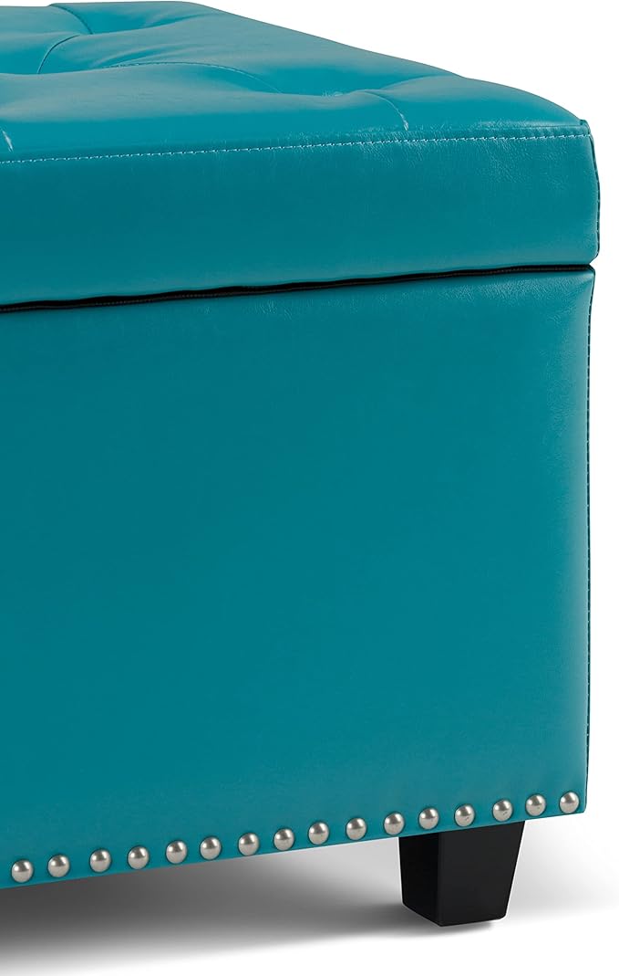 SIMPLIHOME Hamilton 48 inch Wide Transitional Rectangle Storage Ottoman in Mediterranean Blue Vegan Faux Leather, Assembled, For the Living Room, Entryway and Family Room