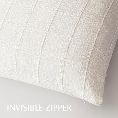 Foindtower Set of 2 Decorative Linen Check Throw Pillow Covers Neutral Farmhouse Vintage Cushion Covers Modern Boho Home Decor for Sofa Chair Couch Bedroom Living Room,22×22 Inch,Cream White