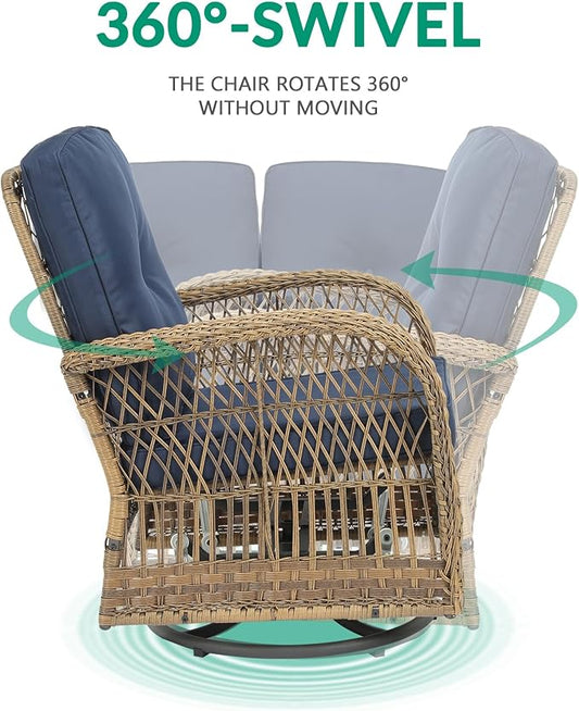 VIVIJASON 3-Piece Outdoor Conversation Bistro Set, Patio Swivel Glider Rocking Chairs Rattan Furniture Sets w/ 2 Rattan Chairs, Cushions, Glass Top Side Table for Porch Backyard, Navy Blue