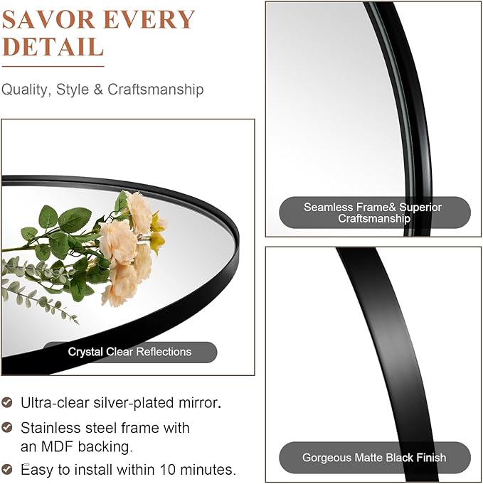 ANDY STAR Black Mirror for Bathroom, 24 x 32 Inch Oval Wall Mirror with Stainless Steel Metal Frame, Pivot Vanity Mirror Vertical Hanging for Modern Style Room