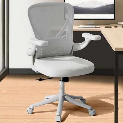 Computer Desk Chair with Wheels, Mesh Office Chair with Flip Up Arms, Adjustable Lumbar Support, Swivel Desk Chair Comfy, White