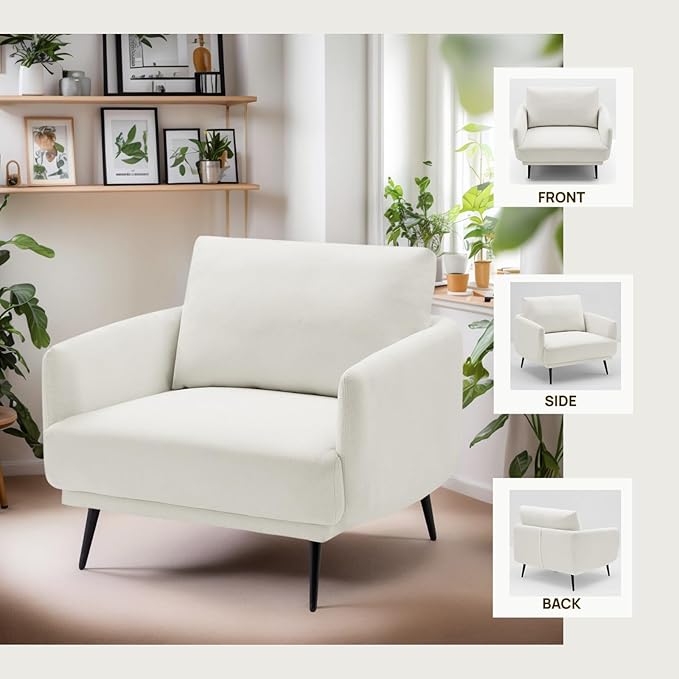 Mid-Century Accent Chair,Modern Oversized Armchair for Living Room,Comfy Upholstered Reading Accent Chairs for Bedroom,Single Sofa Chair (White-1PACK)