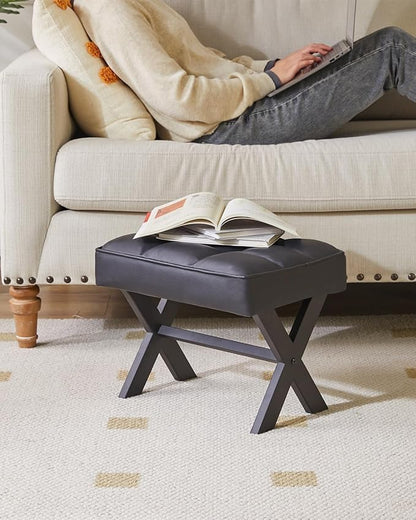 IBUYKE Small 12" H Footrest Stool, Square PU Foot Stool with Metal X-Leg, Multi-Use as Small Side Table, Step Stool for Living Room, Bedroom, Entryway, Office, Black WBD012B