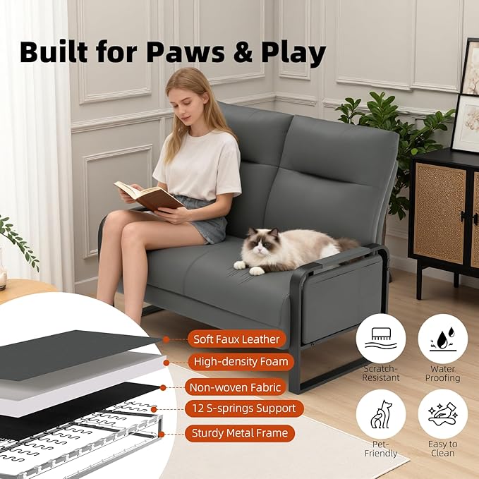 Faux Leather Loveseat, Upholstered Loveseat with Side Tray Table & Storage Pocket, Small Loveseat for Living Room, Modern 2 Seater Sofa Couch for Small Spaces, Bedroom, Gray