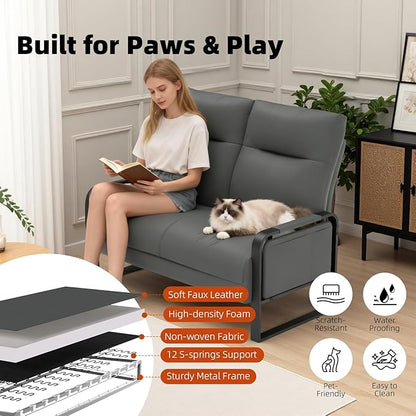 Faux Leather Loveseat, Upholstered Loveseat with Side Tray Table & Storage Pocket, Small Loveseat for Living Room, Modern 2 Seater Sofa Couch for Small Spaces, Bedroom, Gray