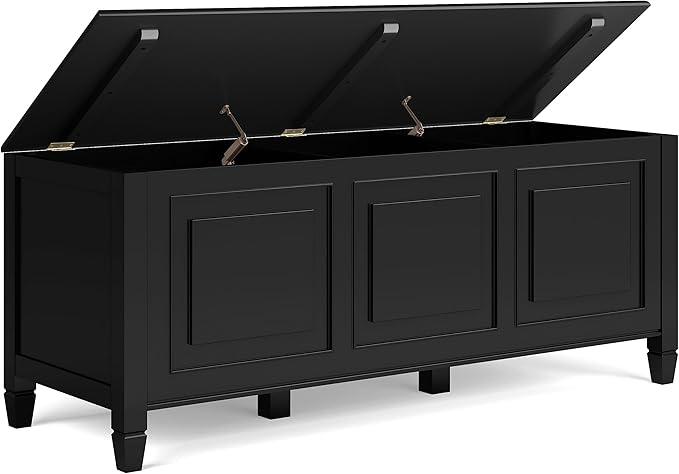 SIMPLIHOME Connaught Entryway Storage Bench - 51 inch Wide Solid Wood Storage Trunk Seat in Black, Traditional Bench for Entryway or Living Room with Lift-Up Lid and Decorative Moulding