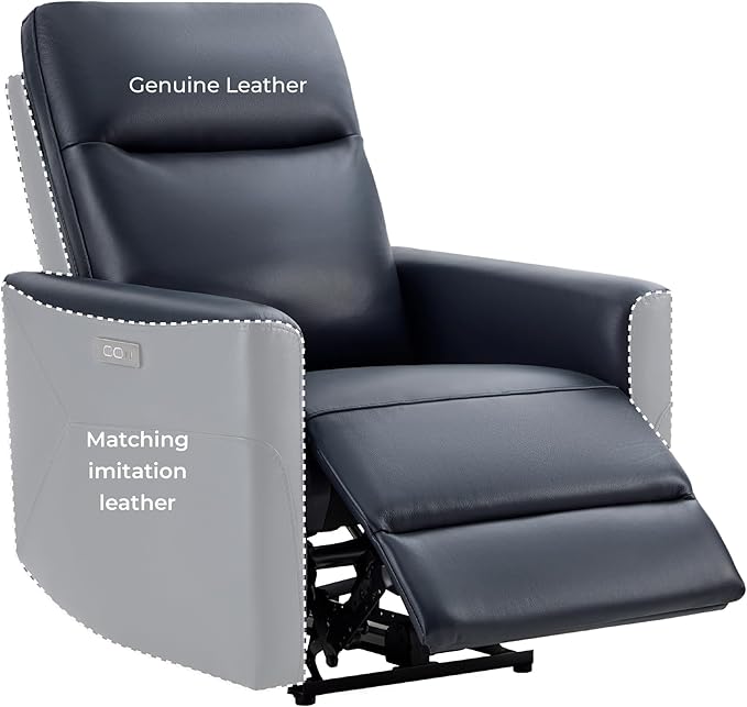 CHITA Genuine Leather Power Recliner Chair for Adults, Electric Wall Hugger Recliner for Small Spaces, Modern Living Room and RV Recliner Chair with Power Headrest & Charging Ports, Dark Blue