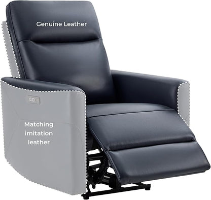 CHITA Genuine Leather Power Recliner Chair for Adults, Electric Wall Hugger Recliner for Small Spaces, Modern Living Room and RV Recliner Chair with Power Headrest & Charging Ports, Dark Blue