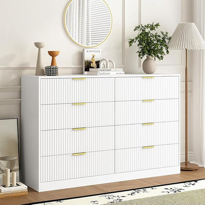8 Drawer Dresser for Bedroom, Modern Fluted Double Dresser, 55" Wide Chest of Dressers, Wooden Beside Table for Closet, Living Room and Entryway, White