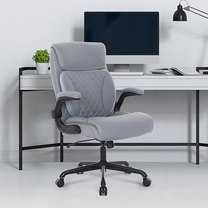 Youhauchair Executive Office Chair, Ergonomic PU Leather Computer Desk Chair with Lumbar Support, Flip-up Armrests and Adjustable Height, for Home Office, Grey