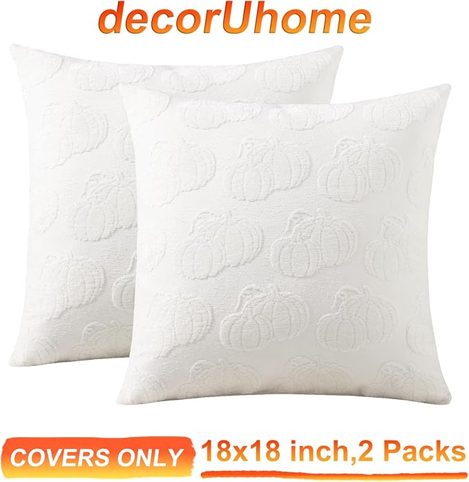 decorUhome Decorative Two Cream White Pumpkins Thanksgiving Throw Pillow Covers 18x18 Set of 2, Soft Chenille Jacquard Farmhouse Textured Pillow Covers for Couch Sofa Autumn Harvest Halloween Holiday