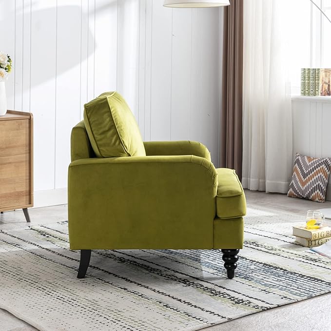 Velvet Upholstered Accent Chair Modern Single Sofa Chair with Thick Removable Back Cushion and Black Printed Legs Armchair for Living Room/Bedroom/Reading Room, Olive Green