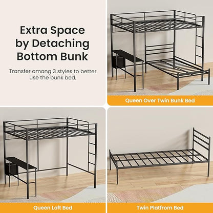 Queen Over Twin Bunk Bed with Desk - Detachable Queen Loft Bed with Drawers & Shelves, L-Shaped Create Spacious Home Office or Lounge Underneath - Sturdy Metal Frame Family-Friendly for All Ages