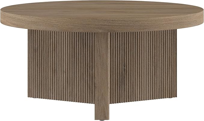 Henn&Hart 32" Fluted Round Low-Profile Coffee Table with Ribbed Pedestal Base for Living Room, Family Room, Office, or Apartment, Antiqued Gray Oak