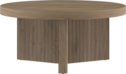 Henn&Hart 32" Fluted Round Low-Profile Coffee Table with Ribbed Pedestal Base for Living Room, Family Room, Office, or Apartment, Antiqued Gray Oak