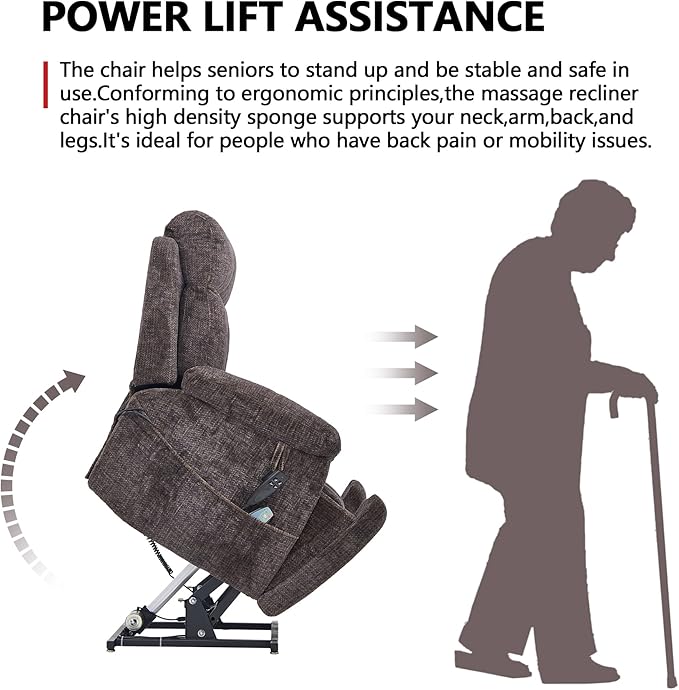 Power Lift Chair Lay Flat Recliner Infinite Position Electric Dual Motor Stand Up Lift Chair with Massage and Heat for Adults,Heavy Duty Recliners with 2 Remote Controls and Two Cup Holders