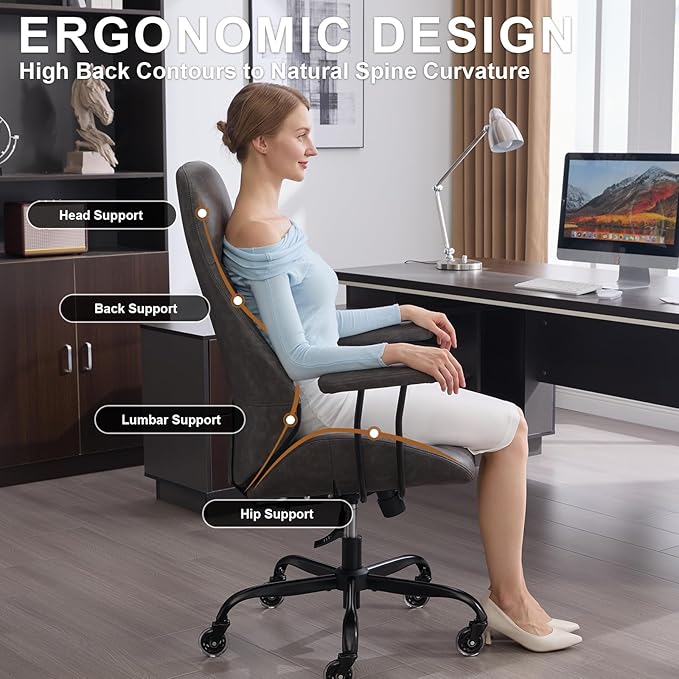 Home Office Desk Chair, Ergonomic High Back Leather Computer Chair with Lumbar Support, Adjustable Height & Recline, Swivel Executive Office Chair with Armrests and Rubber Casters, Dark Grey