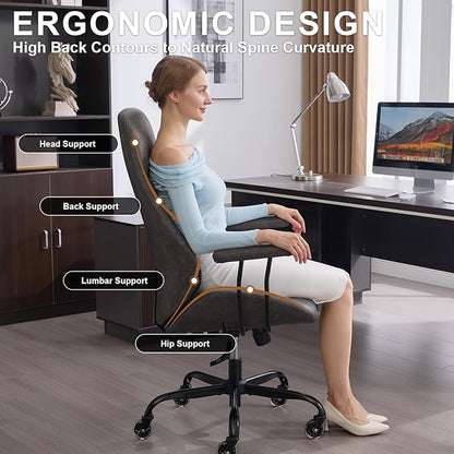 Home Office Desk Chair, Ergonomic High Back Leather Computer Chair with Lumbar Support, Adjustable Height & Recline, Swivel Executive Office Chair with Armrests and Rubber Casters, Dark Grey