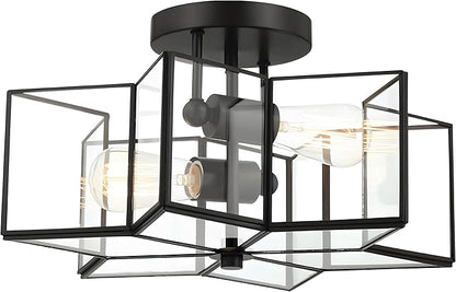 Bofea-Modern Black Semi Flush Mount Ceiling Light Star Ceiling Light Vintage Octagon Lights Fixture Black Flush Light Fixture for Bedroom 2-Lights Clear Glass Semi Flush Mount Chandelier for Hallway
