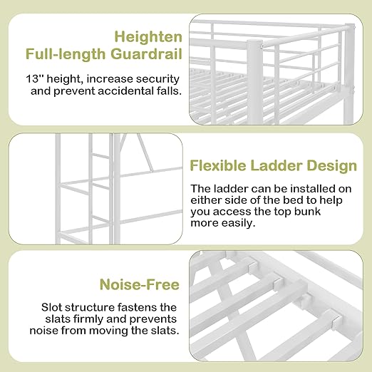 VECELO Metal Loft Bed Twin Size, Heavy Duty Bedframe with Removable Ladder and Safety Guardrail, Space-Saving, Noise Free, No Box Spring Needed, Off White