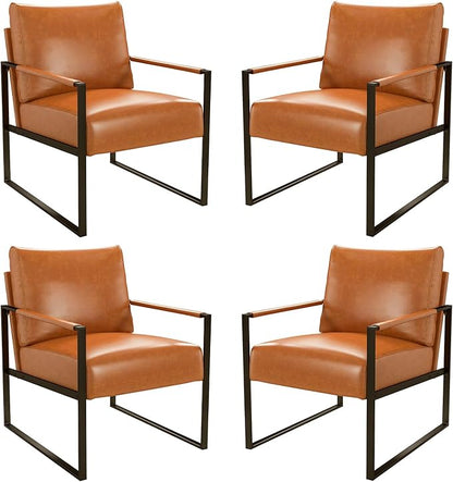 CANMOV Modern Accent Chair Set of 4, PU Leather Armchair with Metal Frame,Comfy Single Reading Chair with Soft Padded Backrest and Cushion for Living Room, Bedroom,Reading Room,Office,Brown
