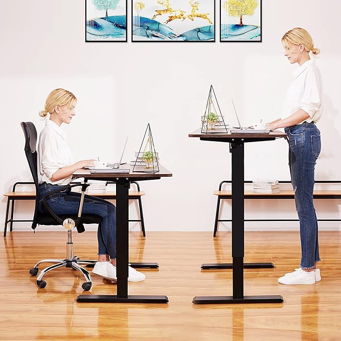 Electric Adjustable Standing Desk with Wheels, 63'' x 24''Sit Stand Desk with Dual Crossbeam and Mouse Pad, 27''-46'' Lifting Range Stand up Table with Ergonomic Arc Desktop (Brown)