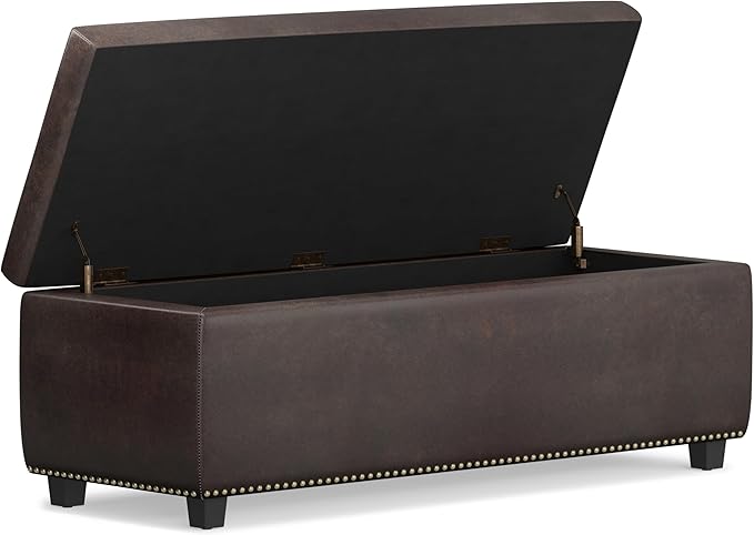 SIMPLIHOME Hamilton 48 inch Wide Transitional Rectangle Storage Ottoman in Distressed Brown Vegan Faux Leather, Assembled, For the Living Room, Entryway and Family Room
