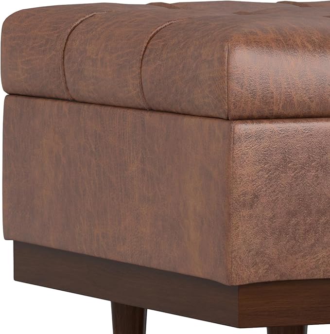 SIMPLIHOME Mariah 34 inch Wide Contemporary Rectangle Coffee Table Storage Ottoman in Distressed Saddle Brown Vegan Faux Leather, Assembled, For the Living Room, Entryway and Family Room