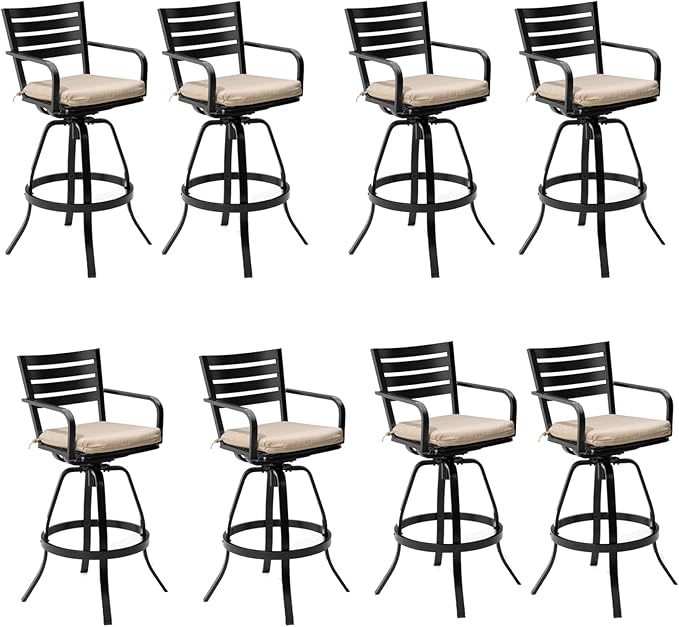 Pellebant 29.5" Outdoor Bar Stools Set of 8, Aluminum Swivel Patio Bar Height Stools with Footrest & Backrest,Rust-Proof Patio Stool Chairs for Deck Lawn Garden,Beige