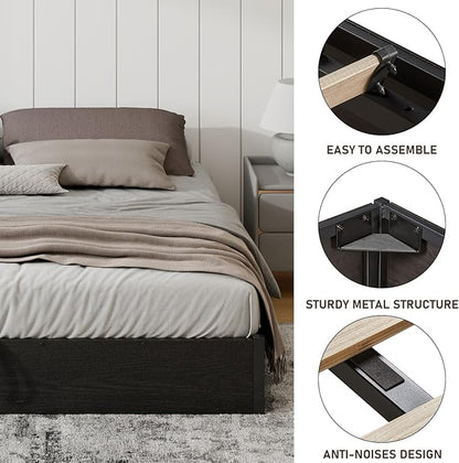 Lift Up Storage Bed Frame, King Size Wooden Platform Bed with Large Storage Underneath, No Box Spring Needed, Noise Free, Black
