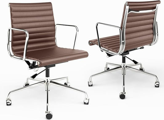 Ribbed Office Chair with Top Grain Leather - Mid Back Ergonomic Desk Chair with Aluminum Arm Rest and 5-Star Base, Swivel Chair Brown