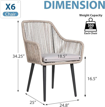 JOIVI Outdoor Dining Chairs Set of 6, 6 Pieces Woven Rope Patio Chairs with Armrest and Seat Cushions for Outside Porch, Balcony or Indoor Dining Kitchen, Restaurant, Tan