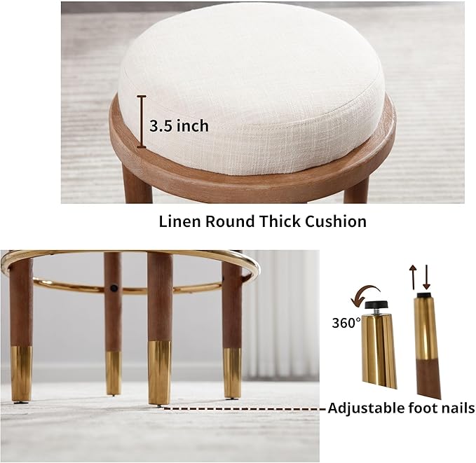 26’’ Rustic Backless Bar Stools with Metal Gold Footrest Counter Height Barstools Set of 2 Modern Round Farmhouse Beige Linen Upholstered Wooden Stools with Natural Solid Wood Legs for Kitchen Island