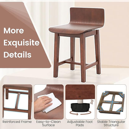 COSTWAY Swivel Solid Wood Dining Stools Set of 4, 19-inch Counter Height Chairs with Low Back, Footrest, Farmhouse Wooden Armless barstools for Kitchen Island, Dining Room, Cafe, Breakfast, Walnut