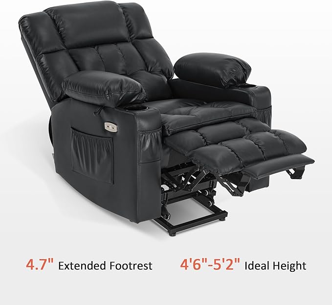 MCombo Dual Motor Small Power Lift Recliner Chair for Elderly, Lay Flat Lift Chair with Heat and Massage, Petite Lift Chair, Cup Holders, Faux Leather 7893 (Black, Small)