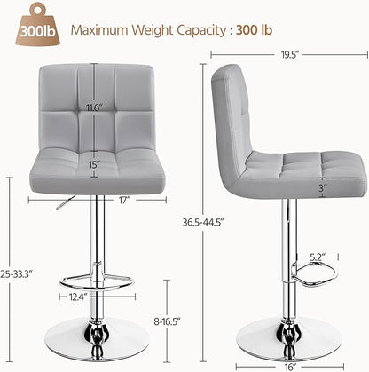 Yaheetech Bar Stools Set of 2, PU Leather Adjustable Barstools, Modern Counter Stools with Back and Footrest, Counter Height Barstools for Bar, Kitchen, Dining Room, Light Gray