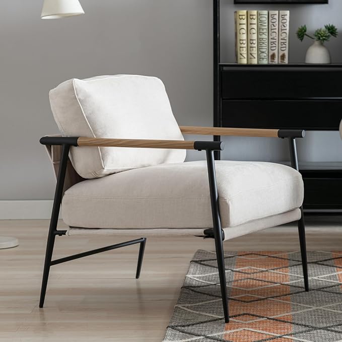 HEAH-YO Modern Accent Chair Set of 1, Upholstered Chenille Fabric Living Room Chair with Backrest, Comfy Armchair Side Chair for Bedroom, Beige
