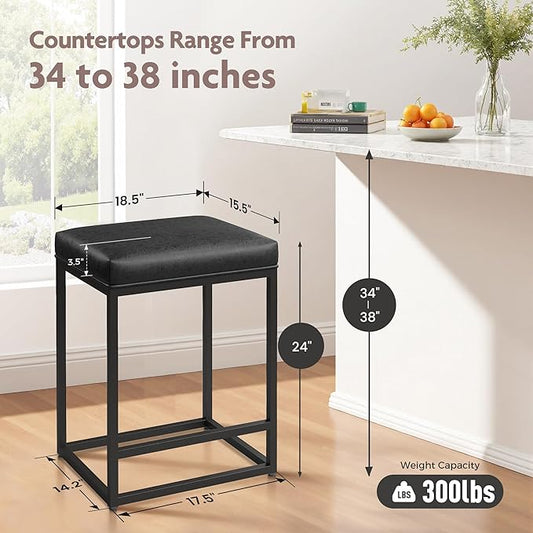 ALPHA HOME 24 Inch Counter Height Bar Stools Set of 3, Upholstered Bar Stools for Kitchen Island, Counter Stools with Faux Leather Cushion and Sturdy Metal Frame, Modern Barstools, Black