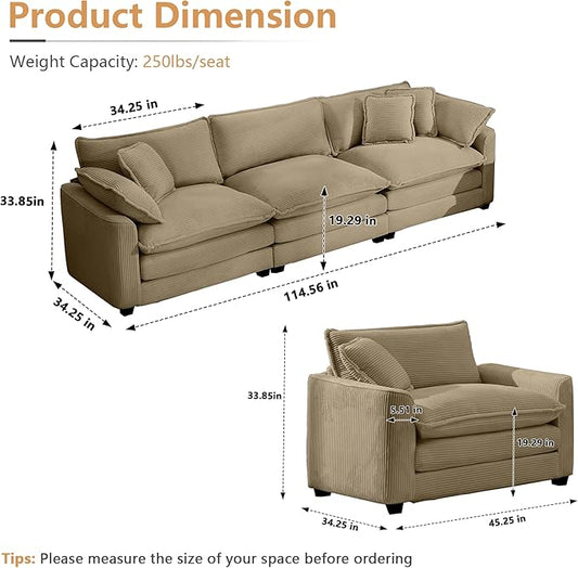 mikibama Luxury 3 Piece Sofa Set, 3-Seater & 2 Single Sofa Set, Modern Corduroy Comfy Cloud Couches Set for Living Room Office with 2 Armrest Pillows and 5 Toss Pillows, Camel