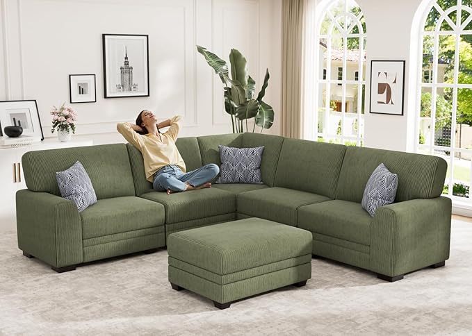 Wanderwell Oversized Modular Sectional Sofa, 6-Seater U Shaped Couches with Movable Ottoman,Corduroy Sectional Couch with Wide and Deep Seats Suitable for Living Room,Bedroom,Apartment (Olive, L-6)