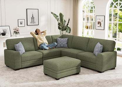 Wanderwell Oversized Modular Sectional Sofa, 6-Seater U Shaped Couches with Movable Ottoman,Corduroy Sectional Couch with Wide and Deep Seats Suitable for Living Room,Bedroom,Apartment (Olive, L-6)