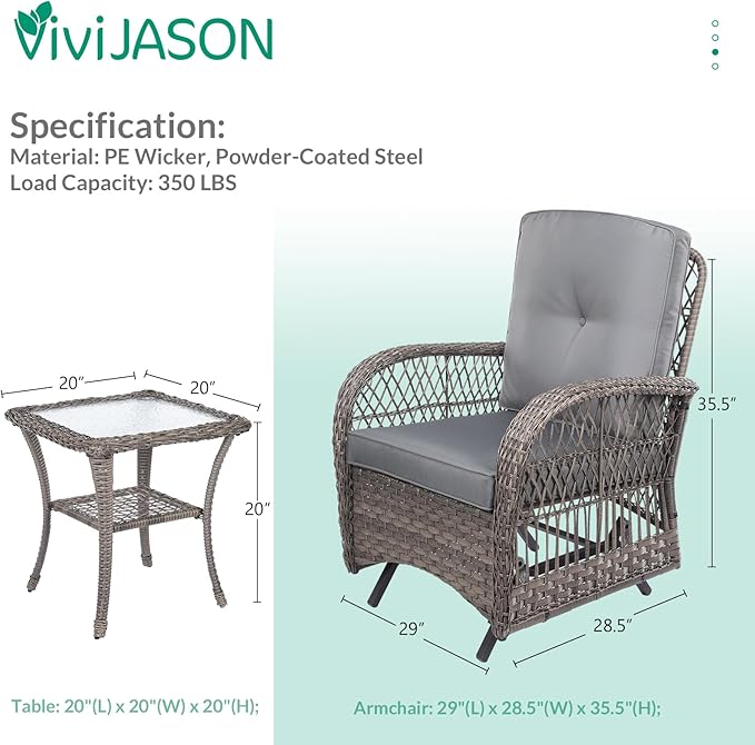 VIVIJASON 3-Piece Outdoor Patio Furniture Set, Outdoor Wicker Glider Rocking Chairs Rattan Conversation Bistro Sets w/ 2 Rattan Cushioned Chairs and Glass Top Side Table for Porch Backyard, Grey