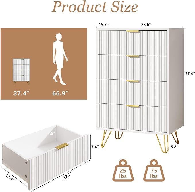 White Dresser for Bedroom, Modern Dresser with Gold Metal Handles & Chests of Drawers