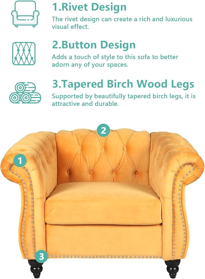 Accent Sofa Chair for Living Room, Mid Century Modern Velvet Upholstered Armchair, Oversized Comfy Single Couch Chair with Cushion, Tufted Chesterfield Sofa Couch for Home, Bedroom, Apartment (Yellow)