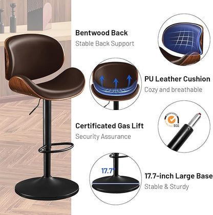 Furniliving Adjustable Bar Stools Set of 2, Swivel Bentwood Barstools Counter Height Bar Stools, Ergonomic Modern Bar Stools with Back Upholstered Barstools for Dining Room, Kitchen, Bar, Brown, PU
