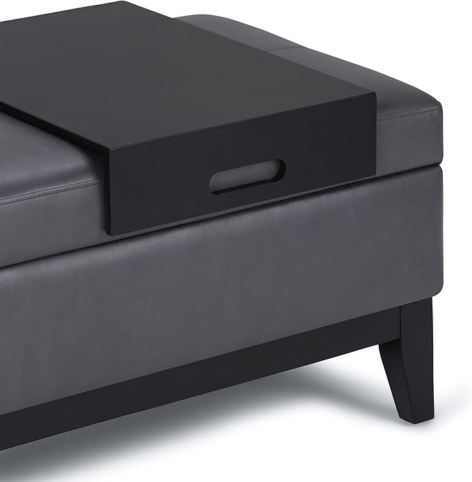 SIMPLIHOME Oregon 42 inch Wide Contemporary Rectangle Storage Ottoman Bench with Tray in Stone Grey Vegan Faux Leather, Assembled, For the Living Room, Entryway and Family Room