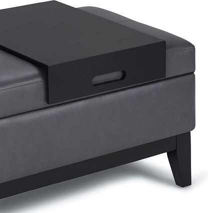 SIMPLIHOME Oregon 42 inch Wide Contemporary Rectangle Storage Ottoman Bench with Tray in Stone Grey Vegan Faux Leather, Assembled, For the Living Room, Entryway and Family Room