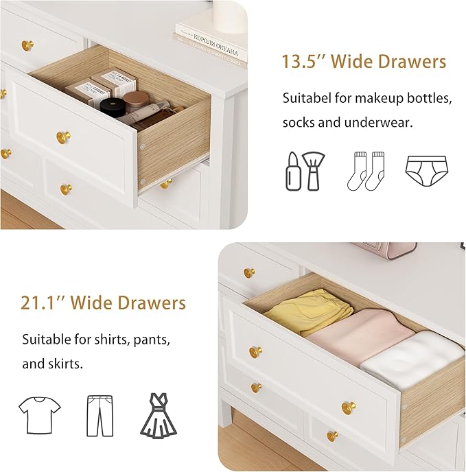 LYNSOM White Dresser for Bedroom with 9 Drawers, Modern Wide Chest of Storage Drawer with Gold Handles, TV Stand Dresser, Wood Dressers for Bedroom, Living Room, Hallway, Entryway, 59’’