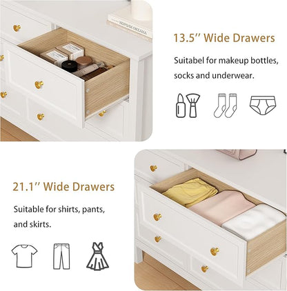 LYNSOM White Dresser for Bedroom with 9 Drawers, Modern Wide Chest of Storage Drawer with Gold Handles, TV Stand Dresser, Wood Dressers for Bedroom, Living Room, Hallway, Entryway, 59’’
