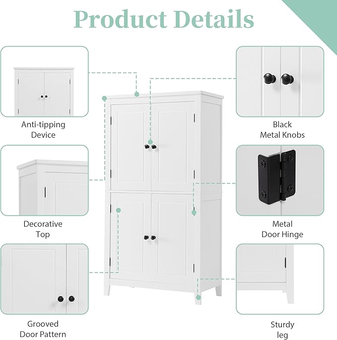 Tall Storage Cabinet, Bathroom Floor Freestanding Storage Cabinet with 2 Double-Door and Adjustable Shelves for Bathroom, Office, Living Room, White